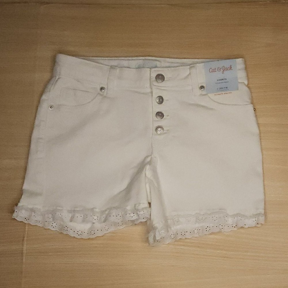 Cat & Jack New White Ultimate Stretch Button Fly Denim Shorts 10-12